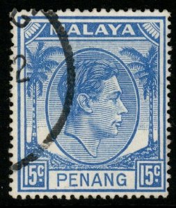 MALAYA PENANG SG13 1949 15c ULTRAMARINE FINE USED