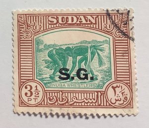 Sudan 1951 Scott o53 used- 3½p, local motives, Nuba Wrestlers Overprinted S.G.