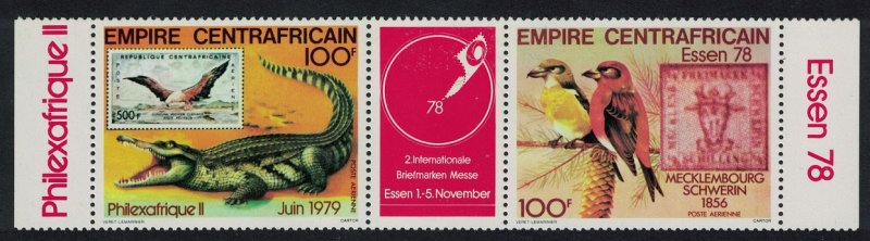 Central African Empire Red crossbills Birds Crocodile strip of 2v+label