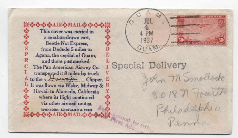 1937 Guam 50ct cacheted airmail flight cover [y9372]