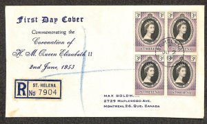 ST. HELENA 139 (x4) STAMPS QUEEN ELIZABETH REGISTERED FDC FIRST DAY COVER 1953