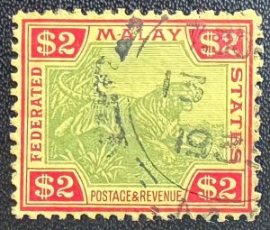 Malaya Federated Malay States FMS 1934 Tiger $2 Used SG#79 M5591#