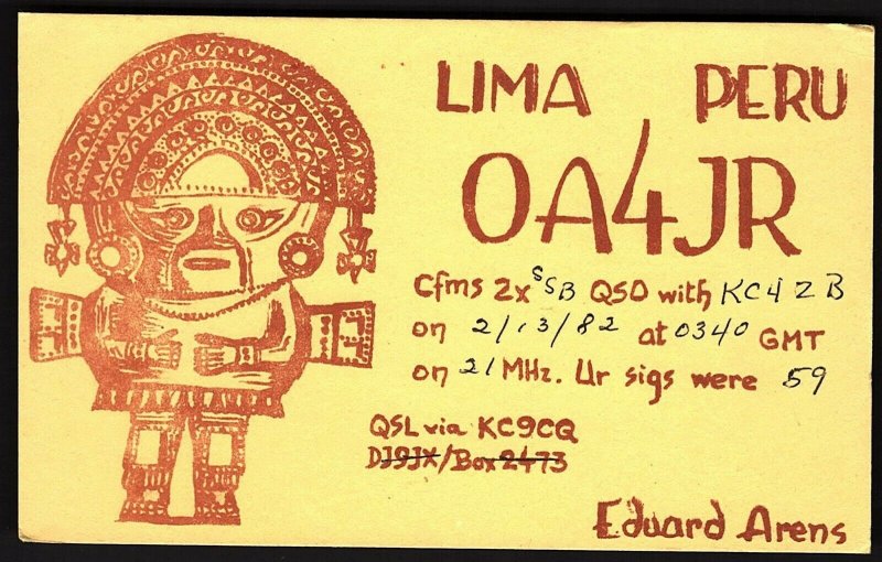 QSL QSO RADIO CARD OA4JR,Eduard Arens,Peruvian Artifact, Lima Peru (Q2659)