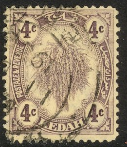 MALAYA KEDAH 1921-36 4c SHEAF OF RICE Pictorial Sc 29 VFU