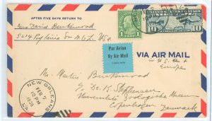 US 632/C7 1938 Cover mailed from New Orleans, LA to Copenhagen, Denmark with 11c postage (8c combined domesic air and surface to