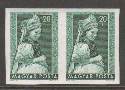 Hungary Sc 1062 var MNH. 1953 20f blue green Kazàr Costume, imperf pair, VF+