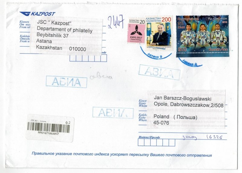 Kazakhstan 2019 Registered Cover to Poland Stamps Space Astronauts Future Energy