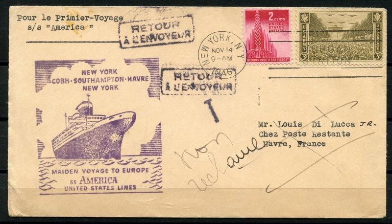 UNITED STATES 1946 FIRST VOYAGE OF THE S/S AMERICA RETURN TO SENDER COVER