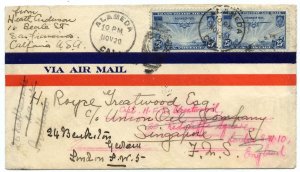 Clipper 25c pair airmail to Singapore via Philippines forwarded to England 1936