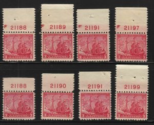 1934 Maryland Tercentenary Sc 736 MNH lot of 8 plate numbers Hebert CV $21