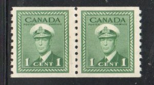 Canada Sc  278 1948 1c green George VI  coil stamp pair mint perf 9 1/2