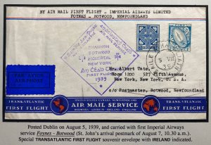 1939 Dublin Ireland First Airmail Flight Cover To New York USA Imperial Airways