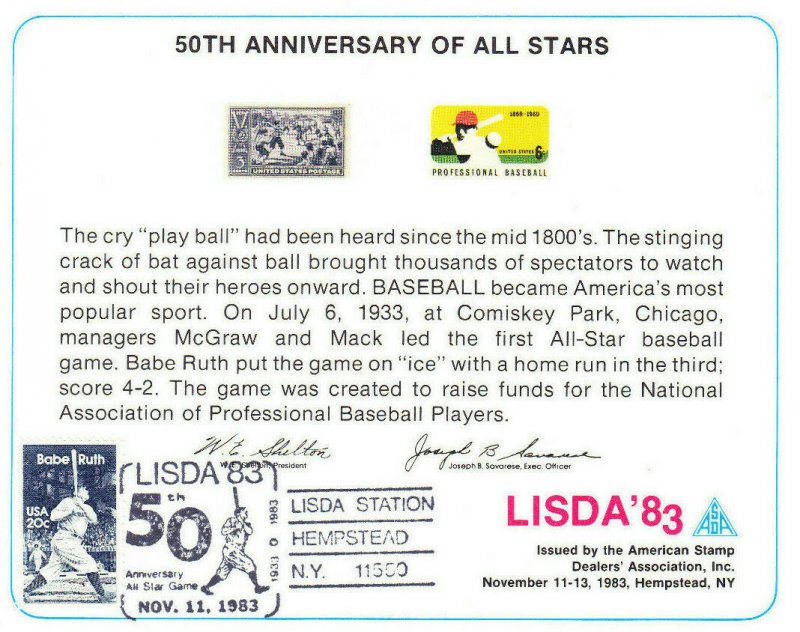 Philatelic Souvenir Card ASDA LISDA '83 #855 #1381 Baseball Show Cancel #2046