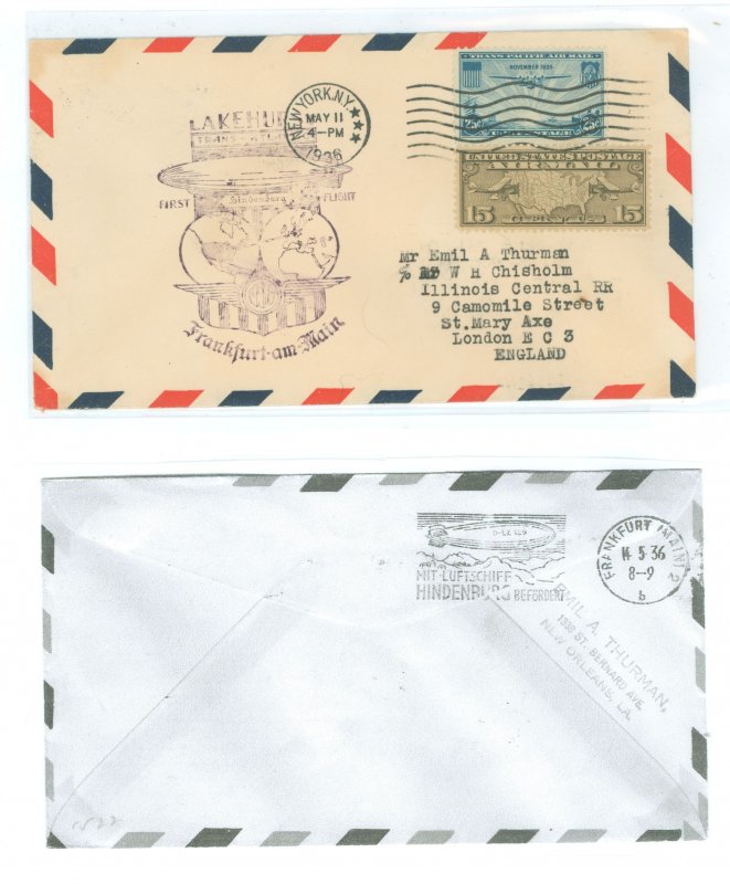 US C8/C20 1936 Cover carried on the May 1936 First North American return Flight of the Hindenburg from Lakehurst, NJ to Frankfur