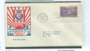 US 855 1939 baseball FDC, leather stocking cachet