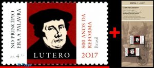 3351 BRAZIL 2017 JOINT ISSUE GERMANY, LUTHERAN REF., MARTIN LUTHER, MNH+BROCHURE