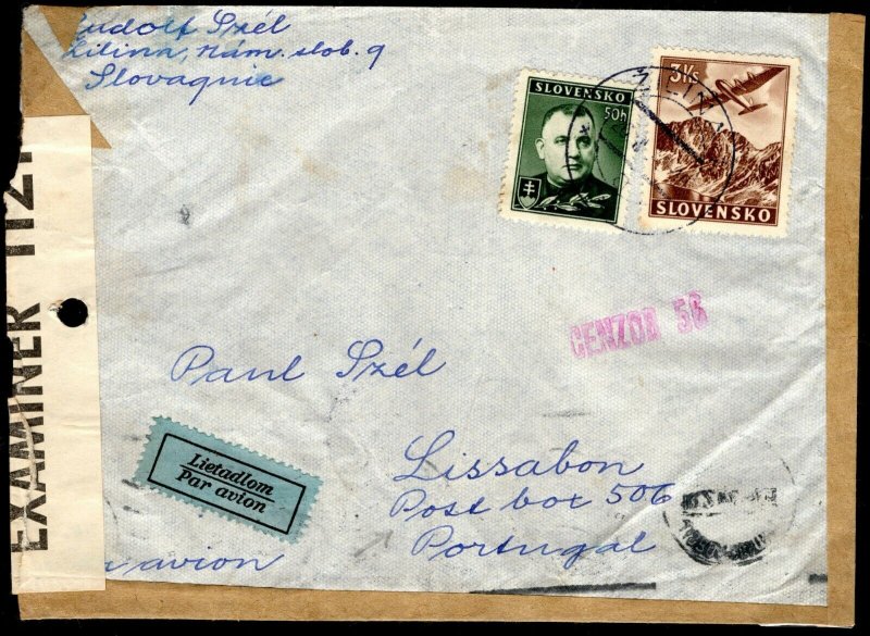 SLOVAKIA WW2 1942 Cover UNDERCOVER ADDRESS *Box 506* Lisbon British Censor MC323