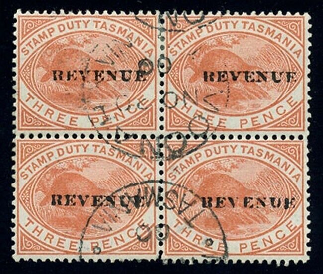TASMANIA :1900 Revenue 3d platypus postal fiscal Postal use block
