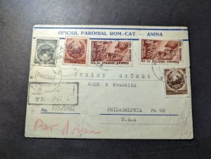 1951 Registered Romania Airmail Cover to Philadelphia PA USA