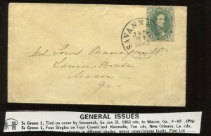 Confederate States 1 Used Tied by Black SAVANNAH GA CCL on Cover LV5007