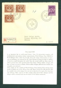 Sweden. 1960 FDC. Reg: 07239  World Refugee Year . Sc#553-555. Adr: Bromma