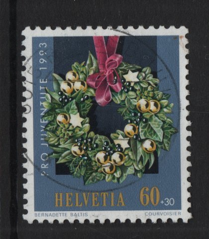 Switzerland #B591  used  1993  pro juventute 60c Christmas wreath