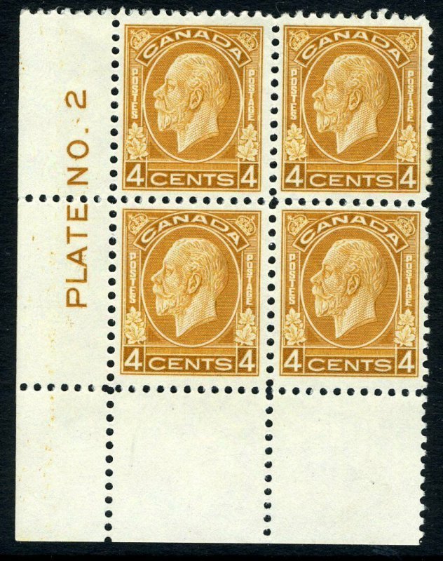 CANADA-1932-33 4c Yellow Brown.  A lightly mounted block of 4 from Plate 2