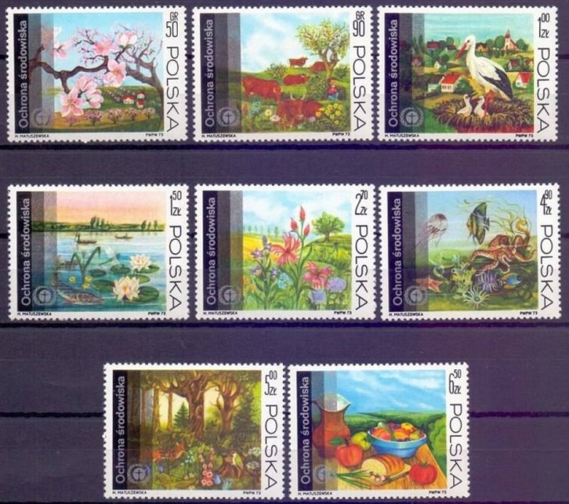 Poland 1973 MNH Stamps Scott 1987-1994 Protection of Environment Birds Flowers