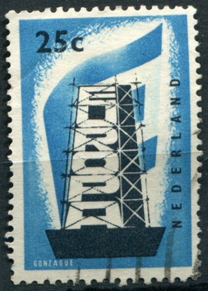 Netherlands Sc#369 Used, 25c bl & bl blk, Europa (C.E.P.T.) 1956 - Rebuilding...