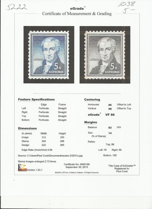 # 1038 MINT NEVER HINGED JAMES MONROE     VF+