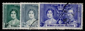 TURKS & CAICOS ISLANDS GVI SG191-193, 1937 CORONATION set, FINE USED.