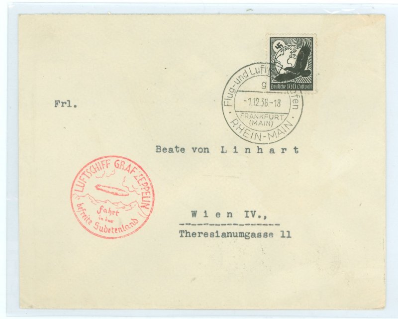 Germany C54 100pf Swaztika, sun globe and eagle (single) Franking this cover which was flown on the eighth flight of the Graf Ze