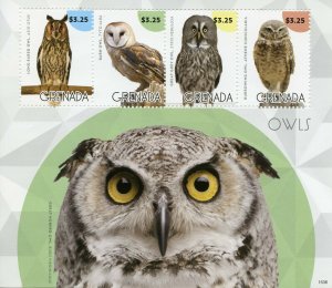 Grenada Stamps 2015 MNH Owls Birds of Prey Burrowing Barn Owl 4v M/S I