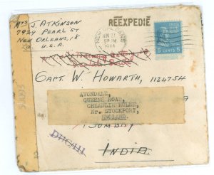 US 810 1944 a 5c Monroe (presidential/prexy series) single, paid the UPU 5c International surface rate on this censored cover se