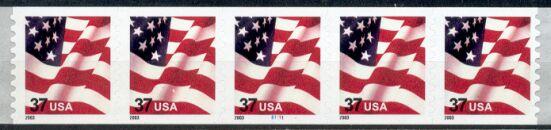 US Stamp #3633A MNH - US Flag PS5 #B1111 Coil Strip of 5