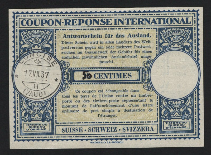 INTERNATIONAL REPLY COUPON SWISS 1937 - BARNEYS