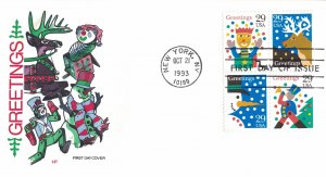 1993 FDC, #2791-2794, 2794, 29c Greetings, House of Farnam (5), singles/block