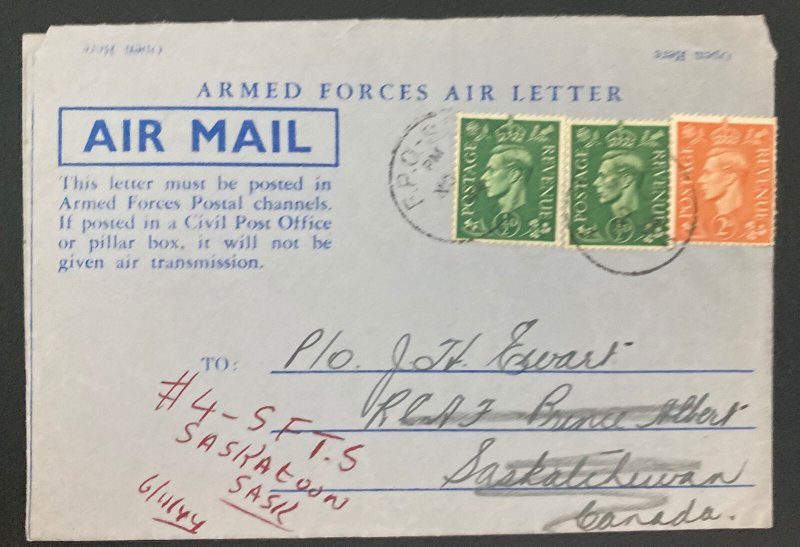 1944 FPO England Armed Forces Air letter Cover To Saskatoon Canada