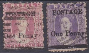 NATAL 1877 QV CHALON ONE PENNY ON 6D ROSE AND 6D LILAC USED  