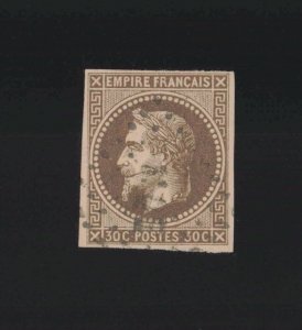 French Colonies Sc #13 (1871) 30c brown Napoleon III on Yellowish Paper Used