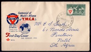 Australia 1955 Sc#283 CENTENNIAL OF Y.M.C.A. FDC Letter to South Africa