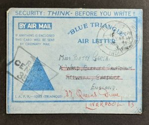 1945 India Secunderabad Heswall Forwarded Liverpool Air Letter Censor Cover