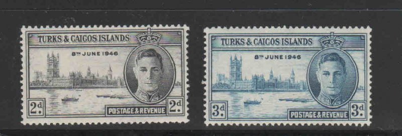 TURKS & CAICOS ISLANDS #90-91  1946  PEACE ISSUE    MINT VF LH O.G a