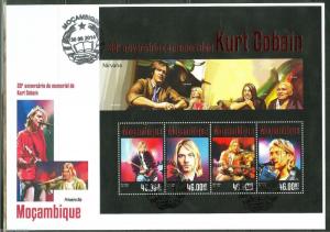 MOZAMBIQUE 2014 KURT COBAIN 20TH MEMORIAL ANNIVERSARY NIRVANA SHEET FDC