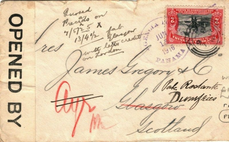 PANAMA WW1 Cover CENSOR GB Scotland Glasgow Forwarded Dumfries 1916 LS122