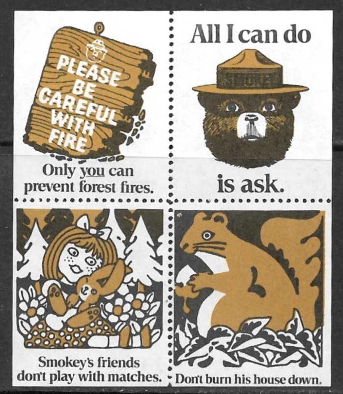 SMOKEY THE BEAR ONLY YOU CAN PREVENT FOREST FIRES Squirrel Label Block MNH