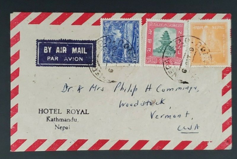 1959 Kathmandu Hotel Royal Nepal to Woodstock Vermont Advertising Air Mail Cover