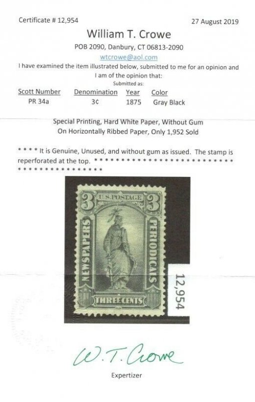 US SCOTT #PR34a, MINT-F/VF-NGAI, Reperf at Top, Crowe Cert, SCV $550! garyposner