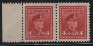 Canada 1942-43 MNH Sc 254 4c King George VI War Issue Margin pair, partial plate