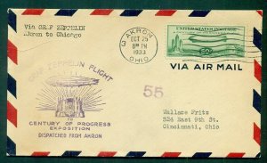 US 1933 Century of Progress Zepp flight cover, Akron-Chicago w/50¢ Zepp stamp VF